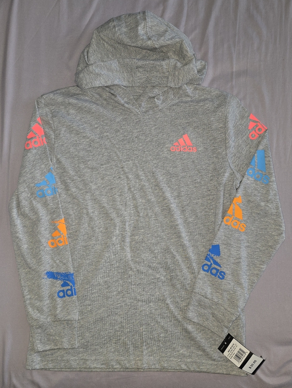 10/12 Adidas Gray Hooded Long-Sleeve Shirt with Pink, Blue, and Orange Logos